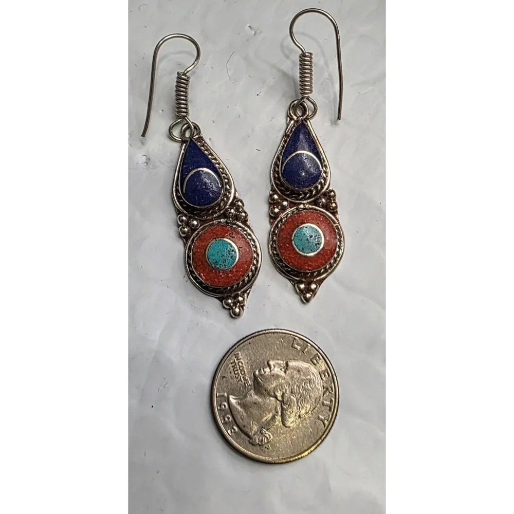 Tibetan Handmade Dangle Earrings Turquoise,‎ red coral, lapis Gemstones #0156